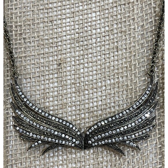 Angel Wings Pendant Necklace Antique Gold CZ Rhinestones Whimsigoth Fairy Grunge - Picture 2 of 8